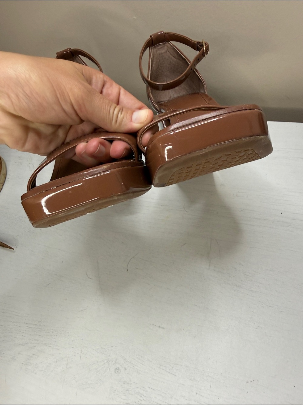 Gianni Bini Brown Say-So Patent Square Toe Ankle Strap Platform Sandals - Picture 14 of 16